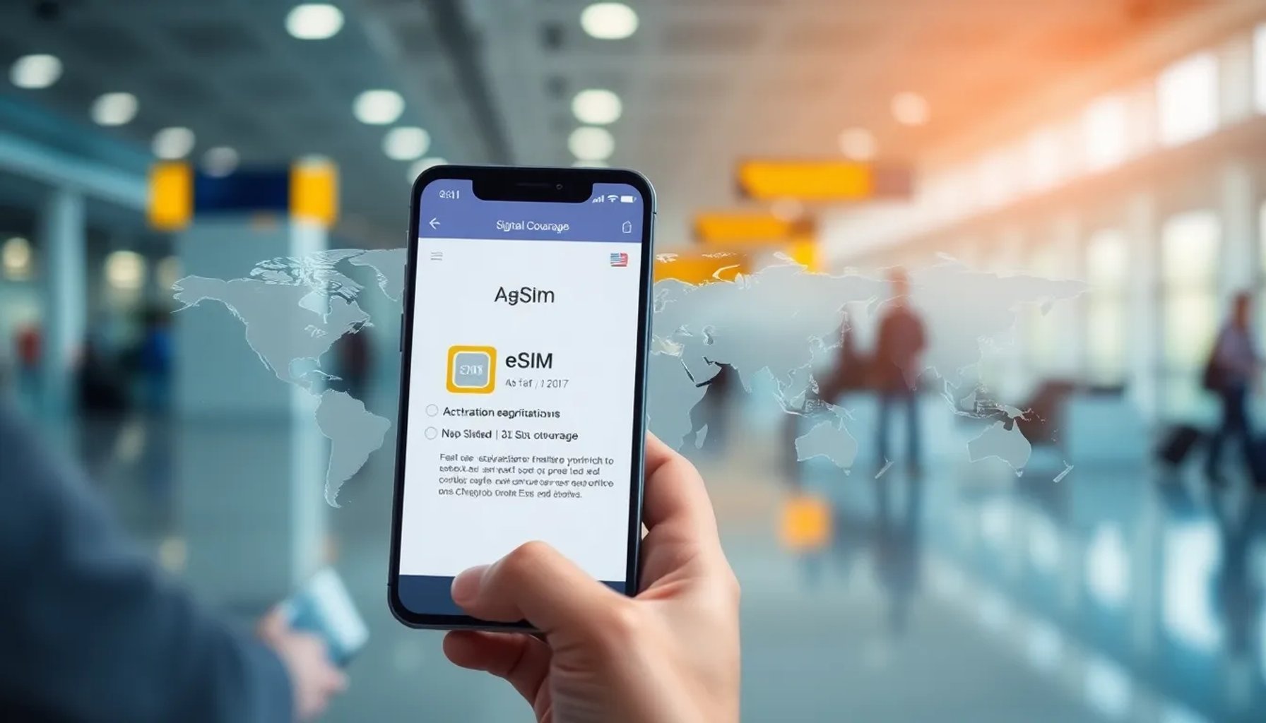 Viaje con smartphone mostrando señal de eSIM y mapa mundial de conectividad