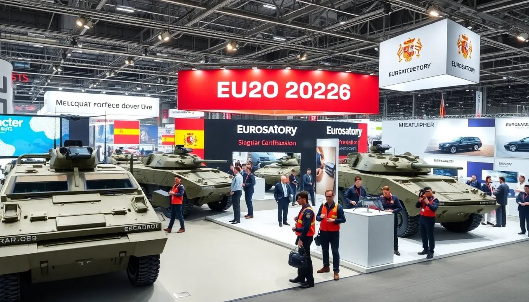 Stand de una empresa española de defensa en Eurosatory 2026, con vehículos blindados y personal técnico