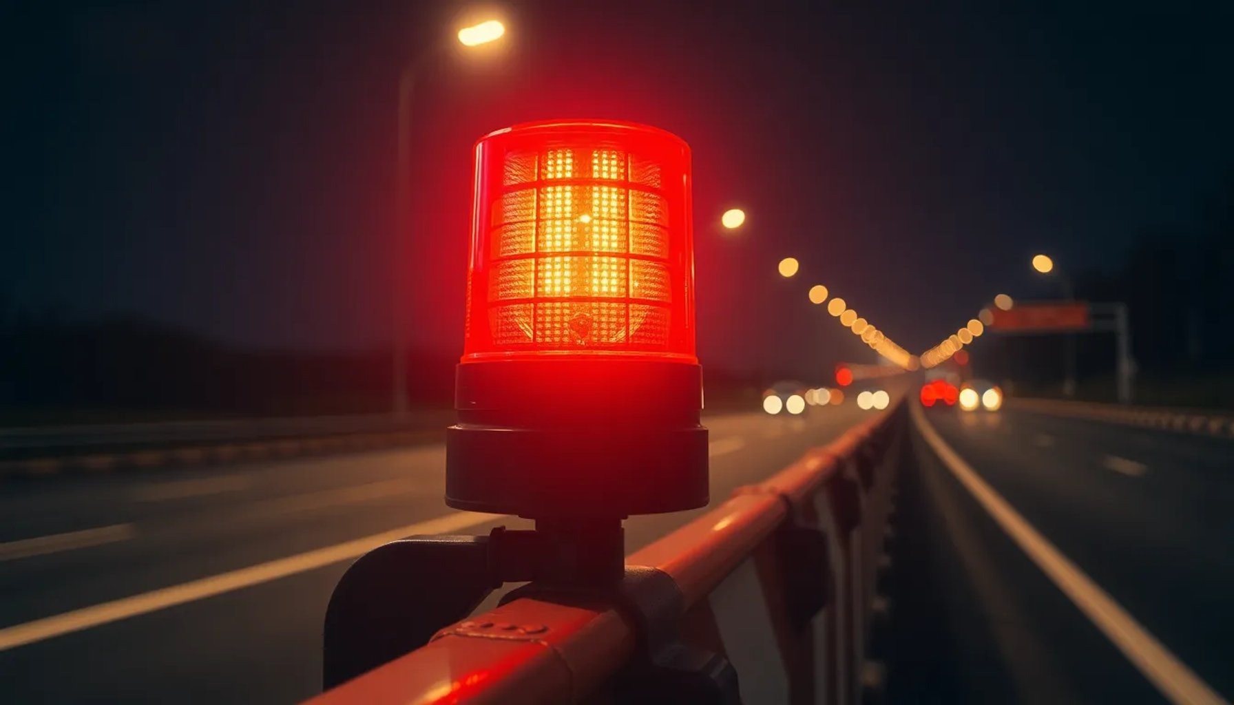 Baliza V16 conectada iluminada en una carretera con señal de obra y datos digitales flotando