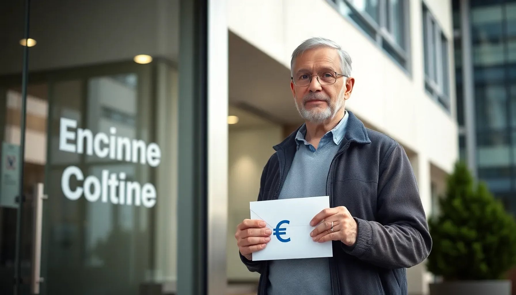 Ilustración de una persona recibiendo un sobre con símbolo de euro frente a una oficina de empleo
