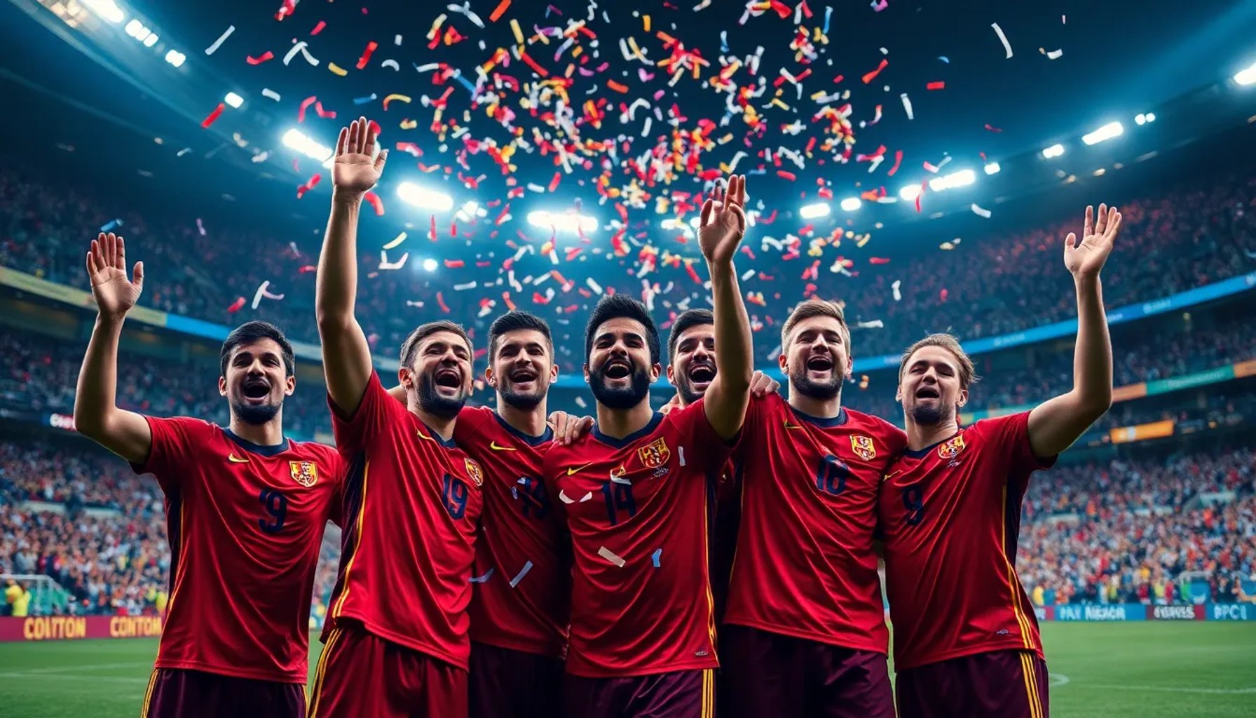 Equipo de España celebrando el gol victorioso contra Uruguay en un estadio lleno