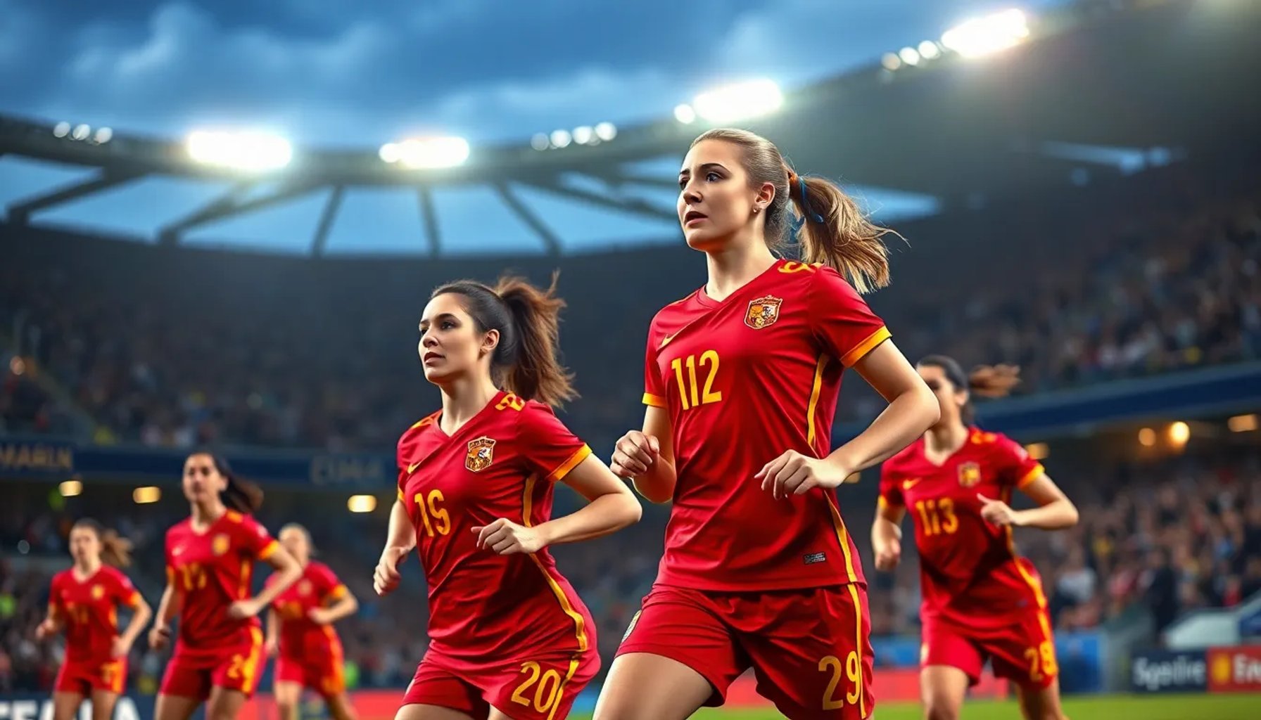 Jugadoras de la selección española celebrando un gol ante Islandia en el estadio Laugardalsvöllur