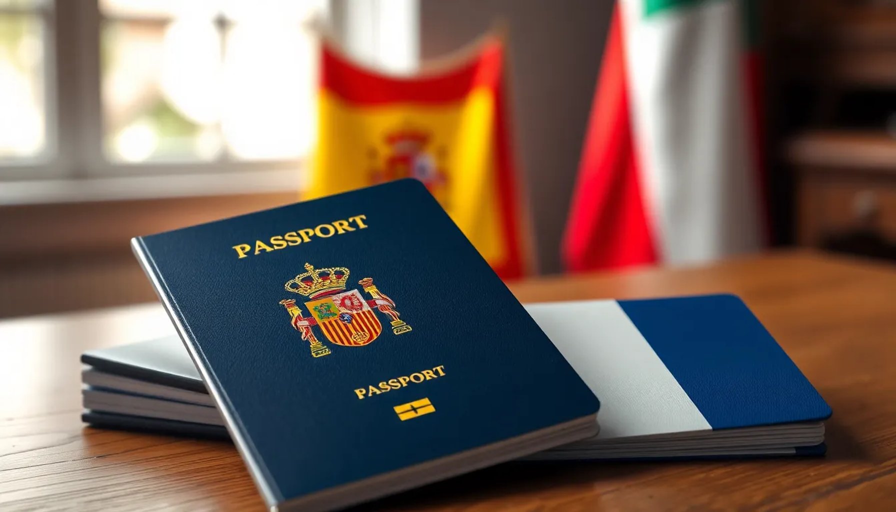 Pasaporte español e italiano sobre un fondo de banderas, simbolizando la nueva restricción de salida e ingreso