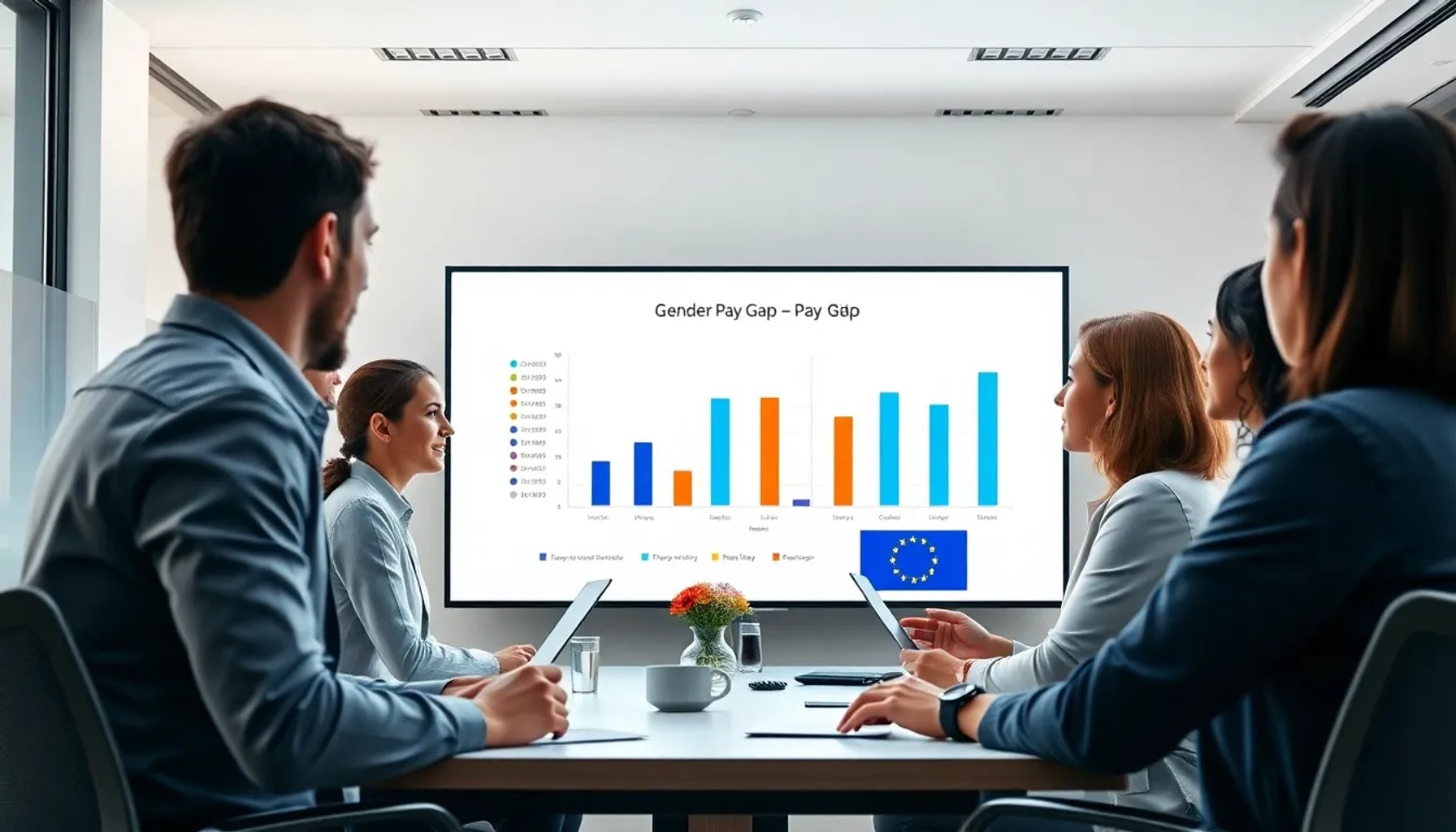 Imagen de una oficina española con gráficos de igualdad salarial y símbolos de la Unión Europea
