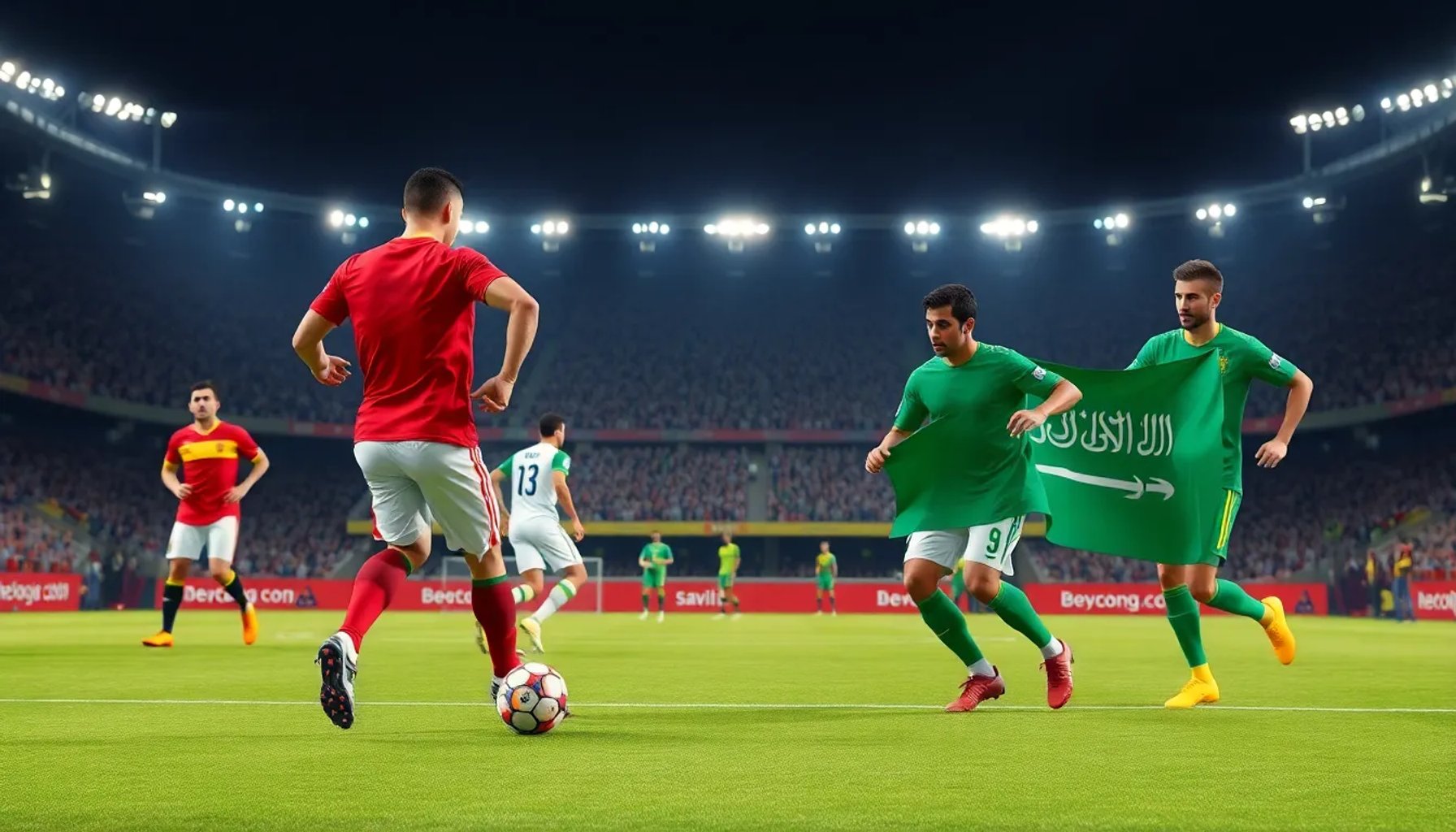 Jugadores de España y Arabia Saudí disputando el balón en un estadio durante el Mundial 2026