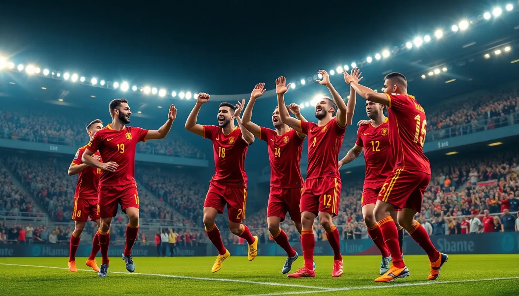 Jugadores de la selección española celebrando un gol durante un partido de fútbol bajo luces de estadio nocturno