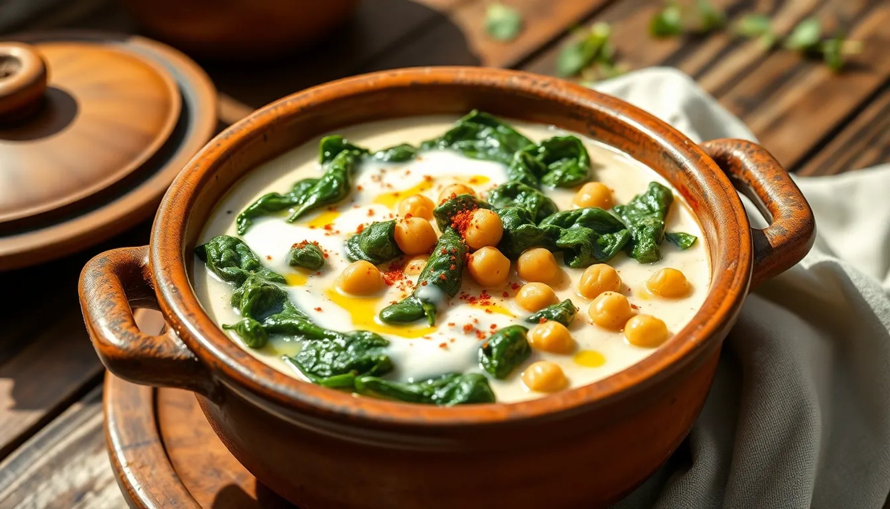 Plato tradicional de espinacas con garbanzos y leche al estilo andaluz, servido en una cazuela de barro
