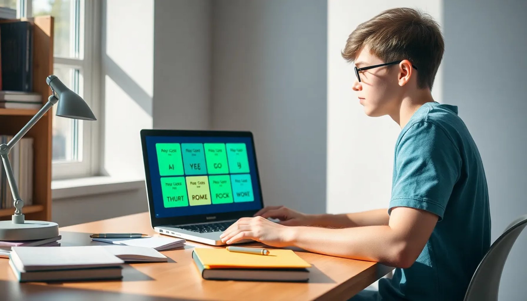 Estudiante usando una laptop con pantalla que muestra rimas generadas por IA para repasar vocabulario de la Selectividad