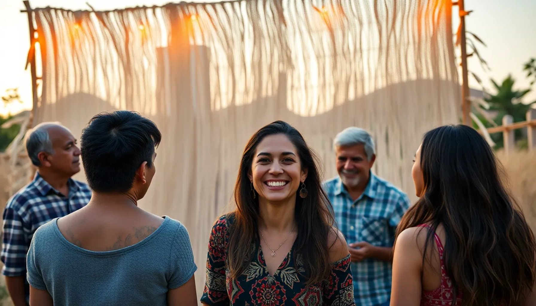 Eugenia sonríe rodeada de su familia y amigos frente a su instalación textil sostenible