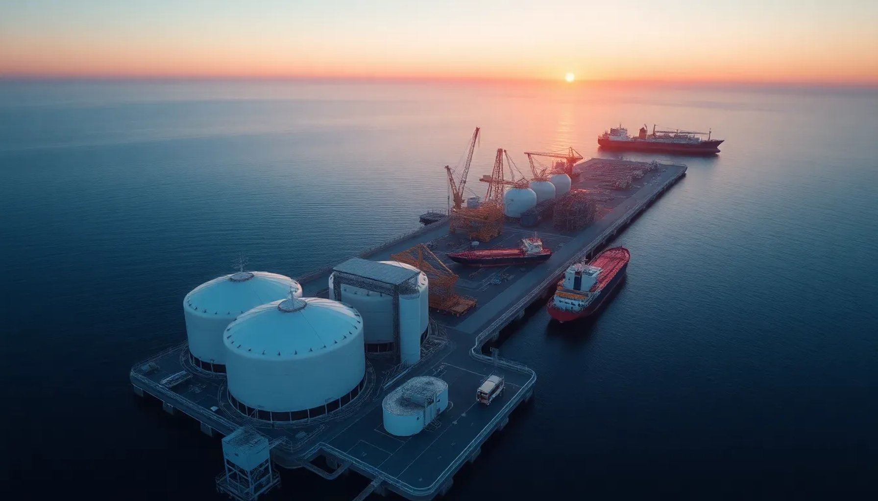 Vista aérea del terminal de GNL de Świnoujście en Polonia y la costa rumana del Mar Negro con instalaciones de gas