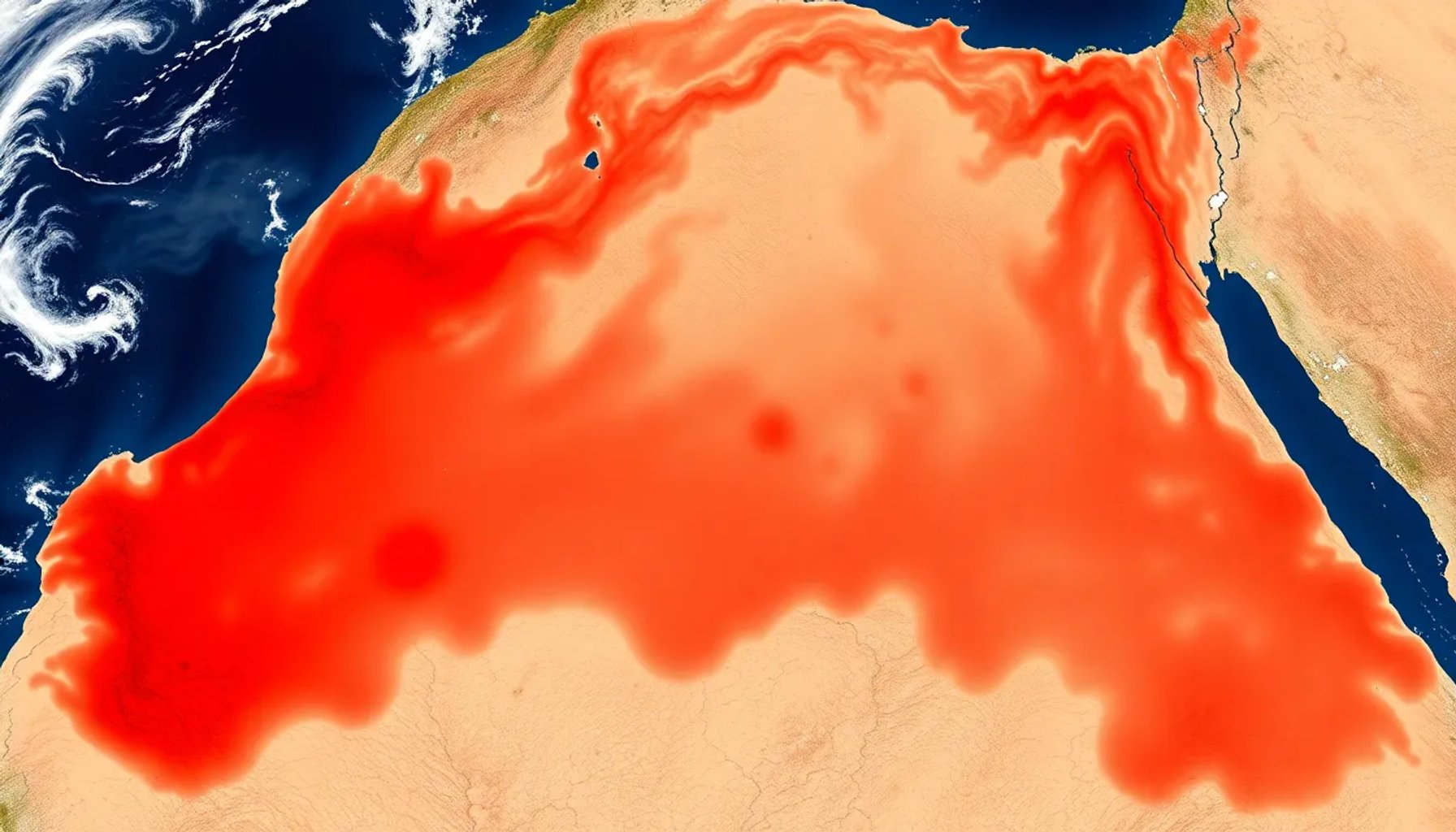 Imagen satelital muestra una extensa mancha roja sobre la región de Ouarzazate, Marruecos, vista desde el espacio