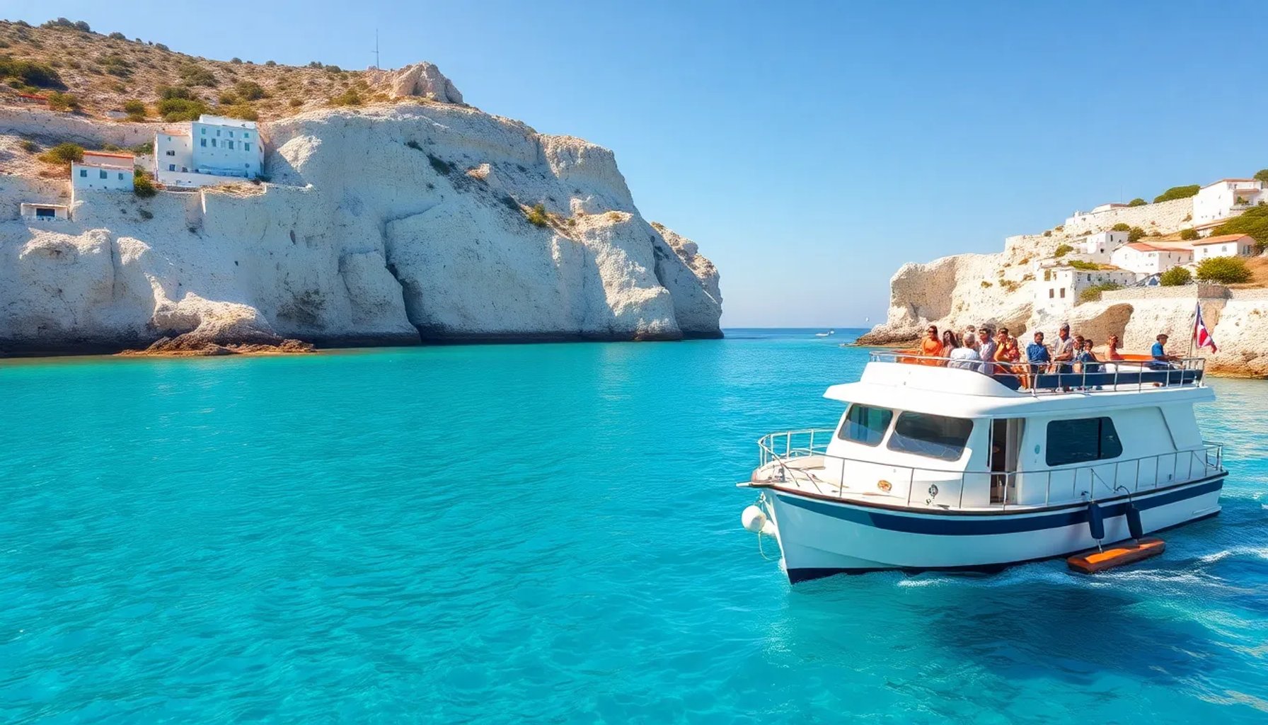 Embarcación turística navegando frente a la cala de Binibeca, con aguas cristalinas y costa rocosa al fondo