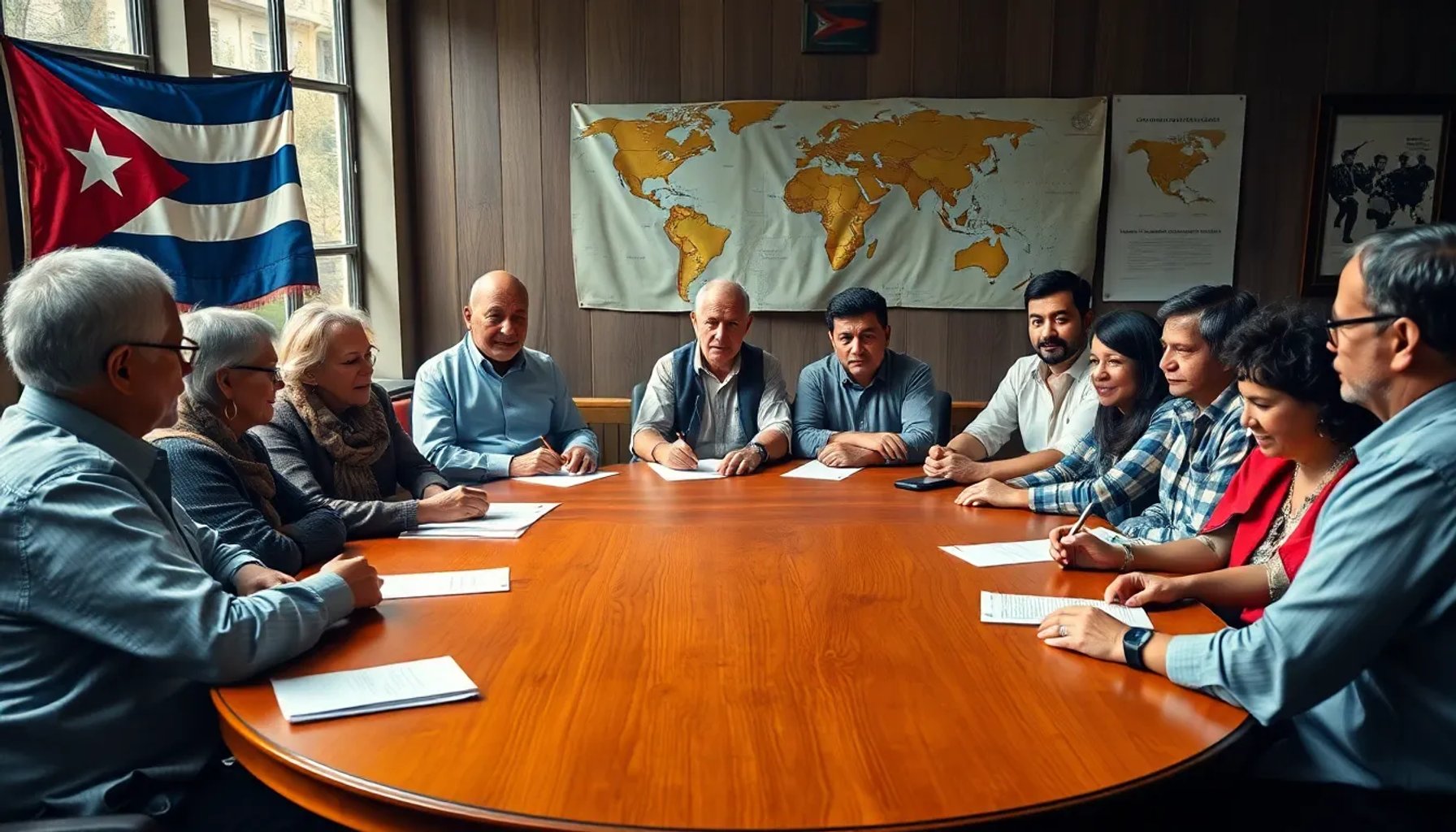 Grupo de expertos cubanos y latinoamericanos discutiendo el futuro político y social de Cuba en una mesa redonda