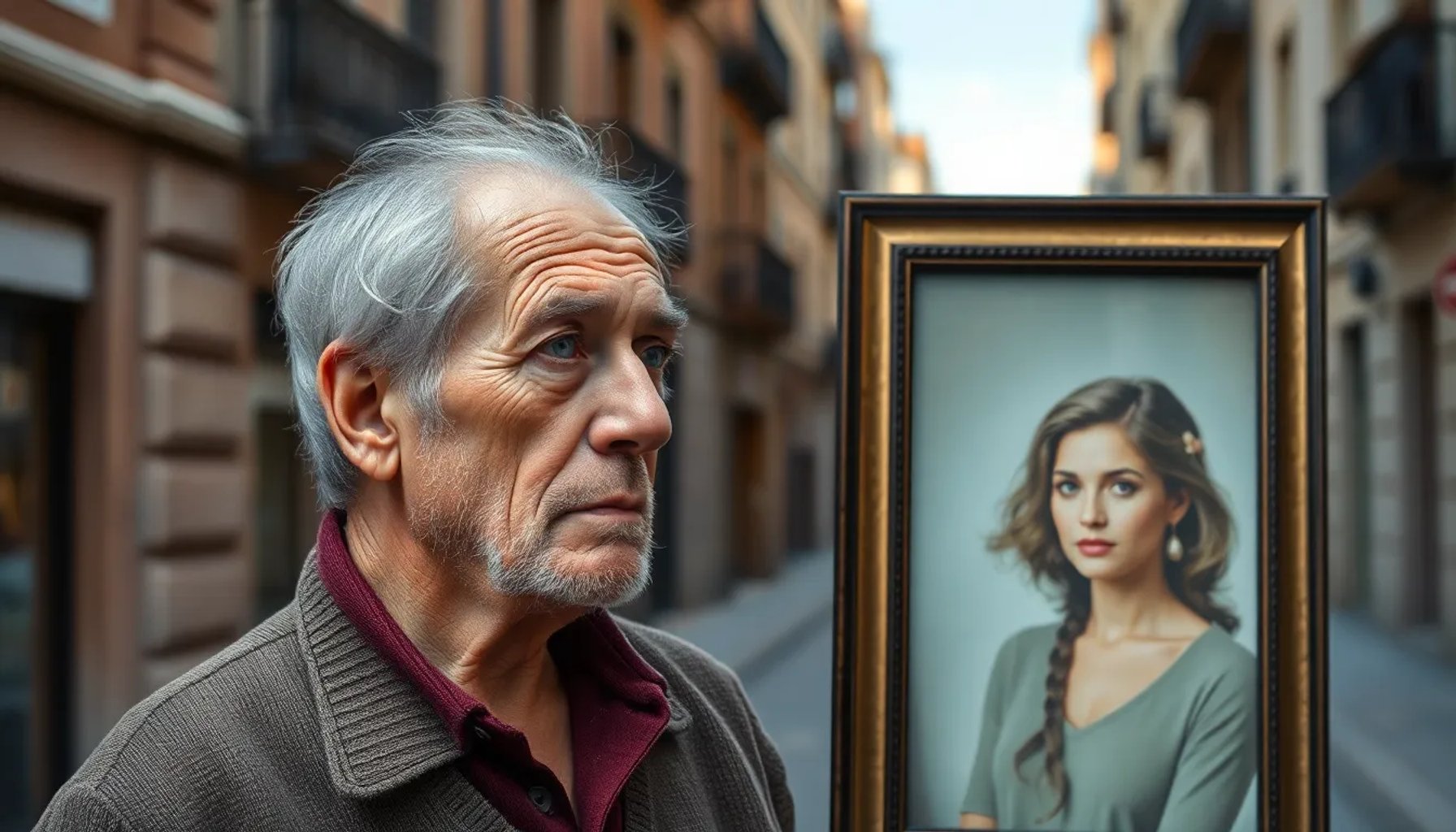 Hombre mayor de 80 años de pie junto a una foto de su hija Helena, ambos mirando al horizonte con expresión seria
