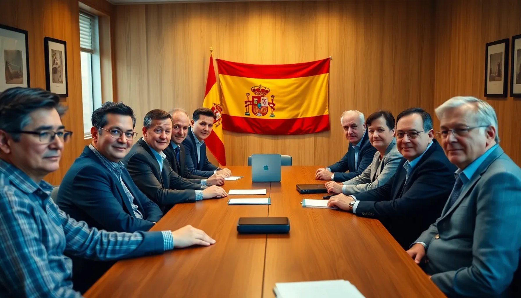 Reunión de dirigentes socialistas en una sala de conferencias con banderas del PSOE y de España de fondo