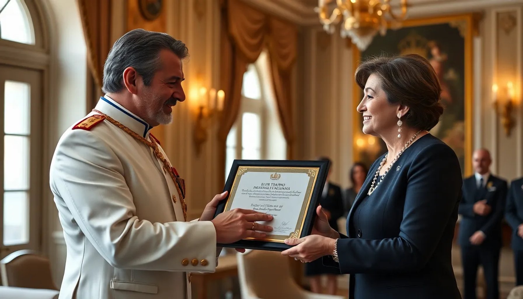 Felipe VI entrega una placa a Luiza Trajano durante la ceremonia de homenaje