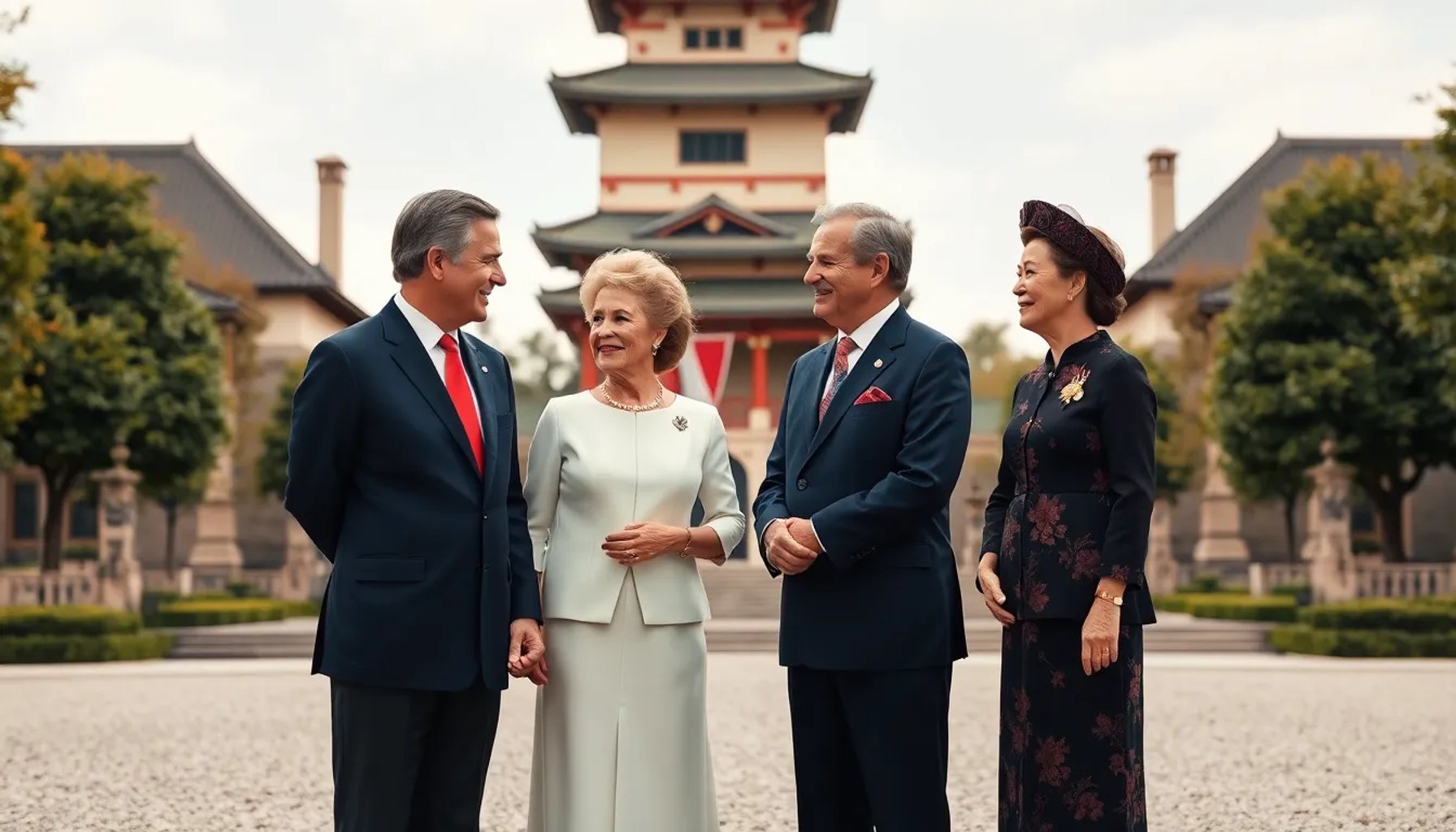 Felipe y Matilde de Bélgica saludando a los emperadores japoneses frente a la Torre Japonesa de Laeken