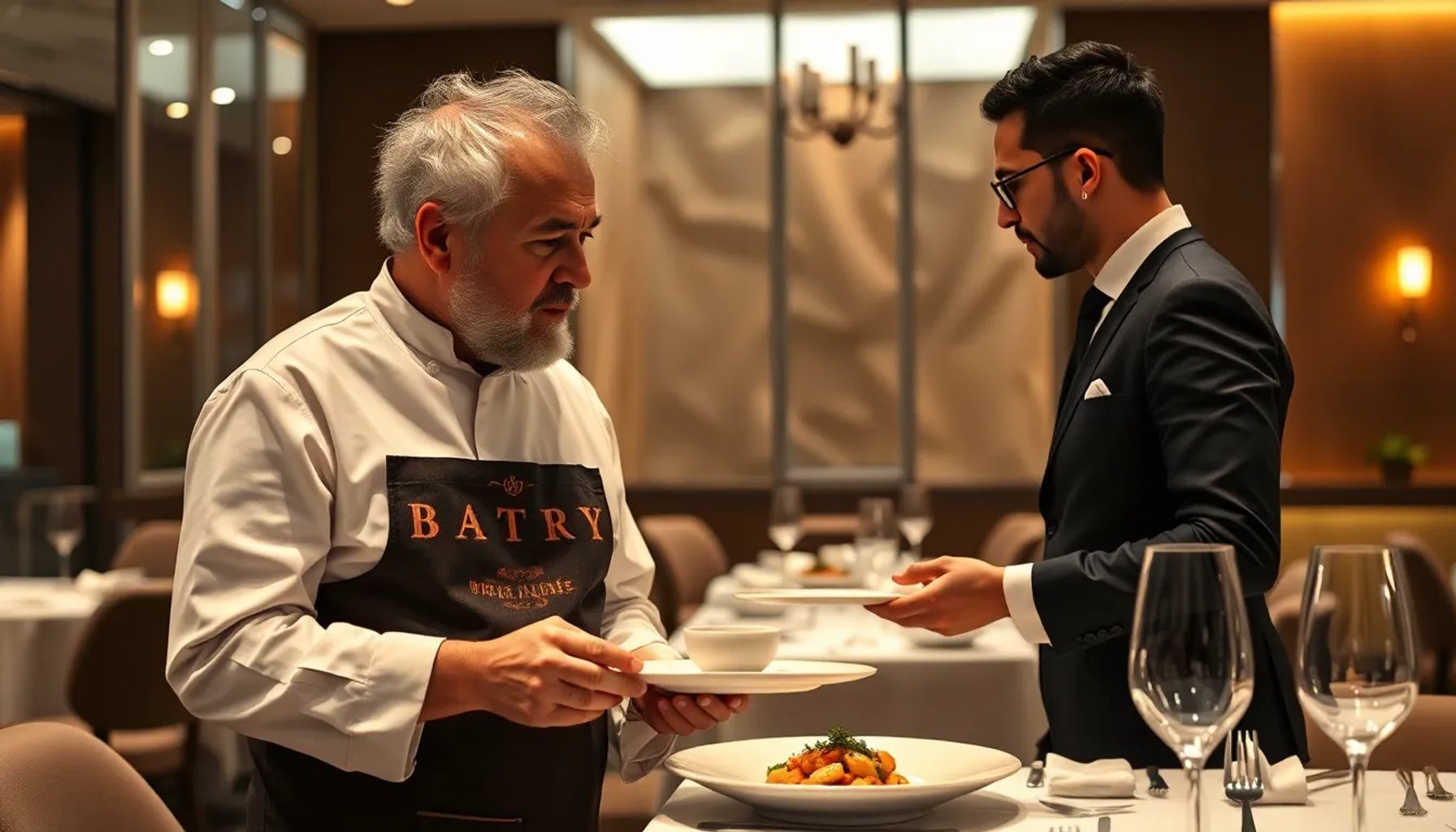 Ferran Adrià observando a un camarero atender una mesa en un restaurante de alta cocina