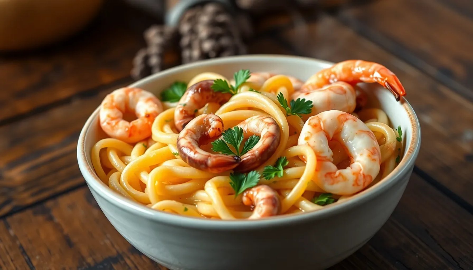 Fideuá de pulpo y gambas en plato hondo, con fideos dorados, trozos de pulpo y gambas rosadas, decorada con perejil