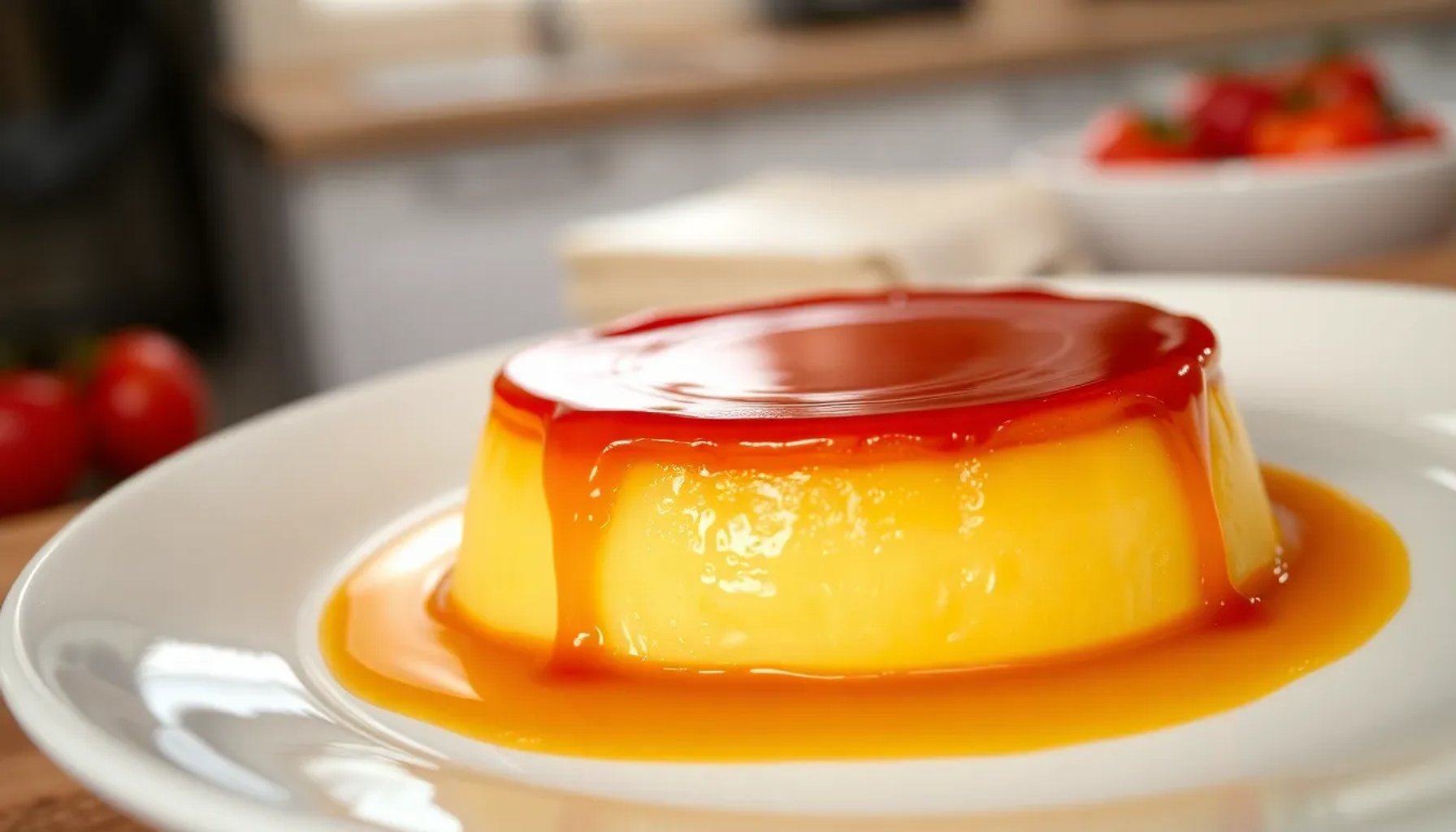 Flan napolitano dorado con caramelo brillante servido en plato de cerámica