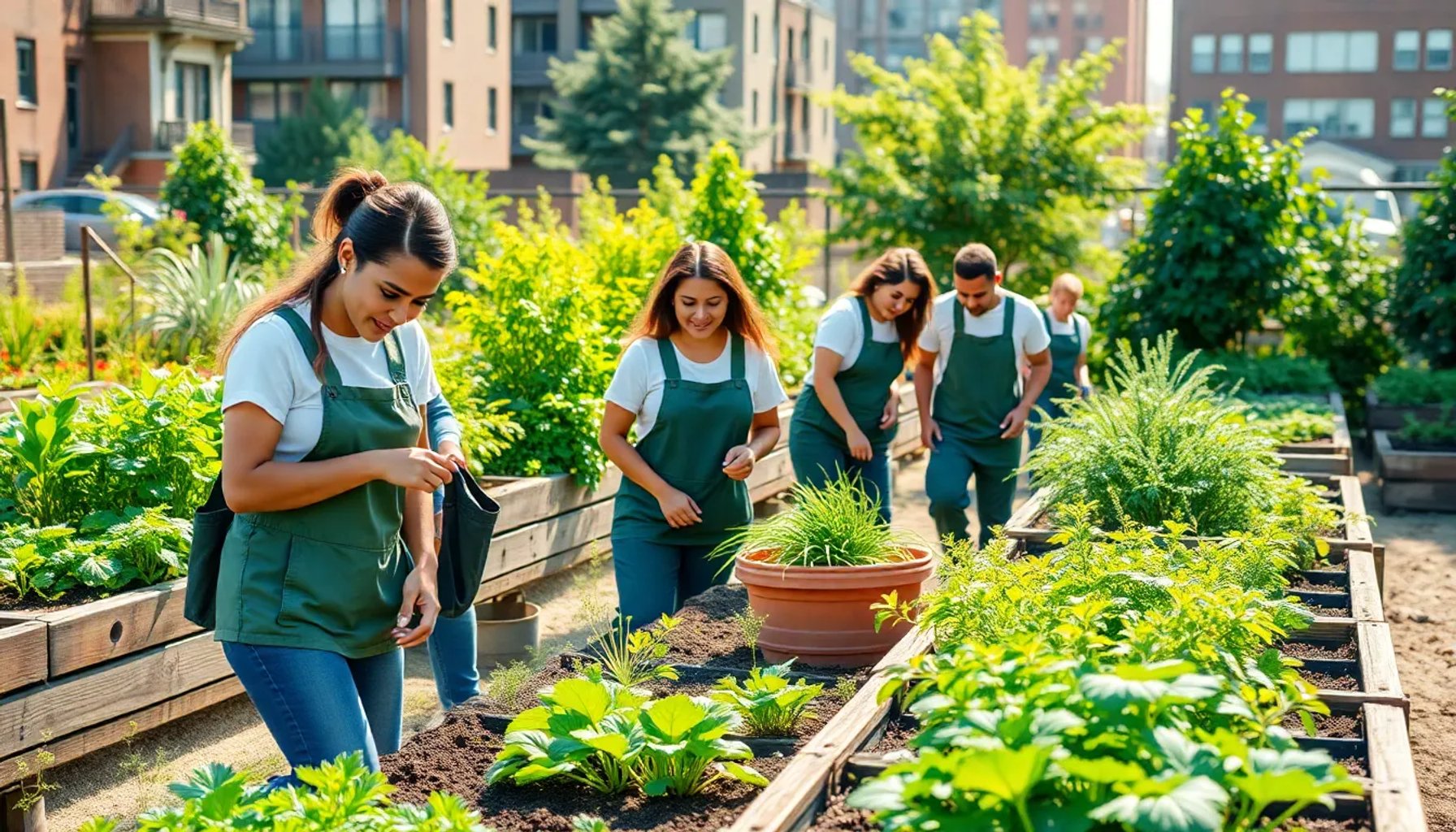 Estudiantes de FP Jardinería trabajando en un huerto urbano con herramientas y plantas
