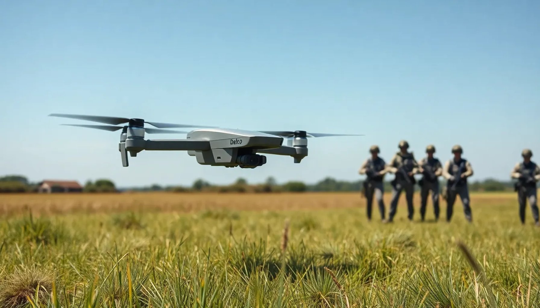 Dron Delco de bajo coste sobre un campo de entrenamiento francés, con soldados observando su vuelo