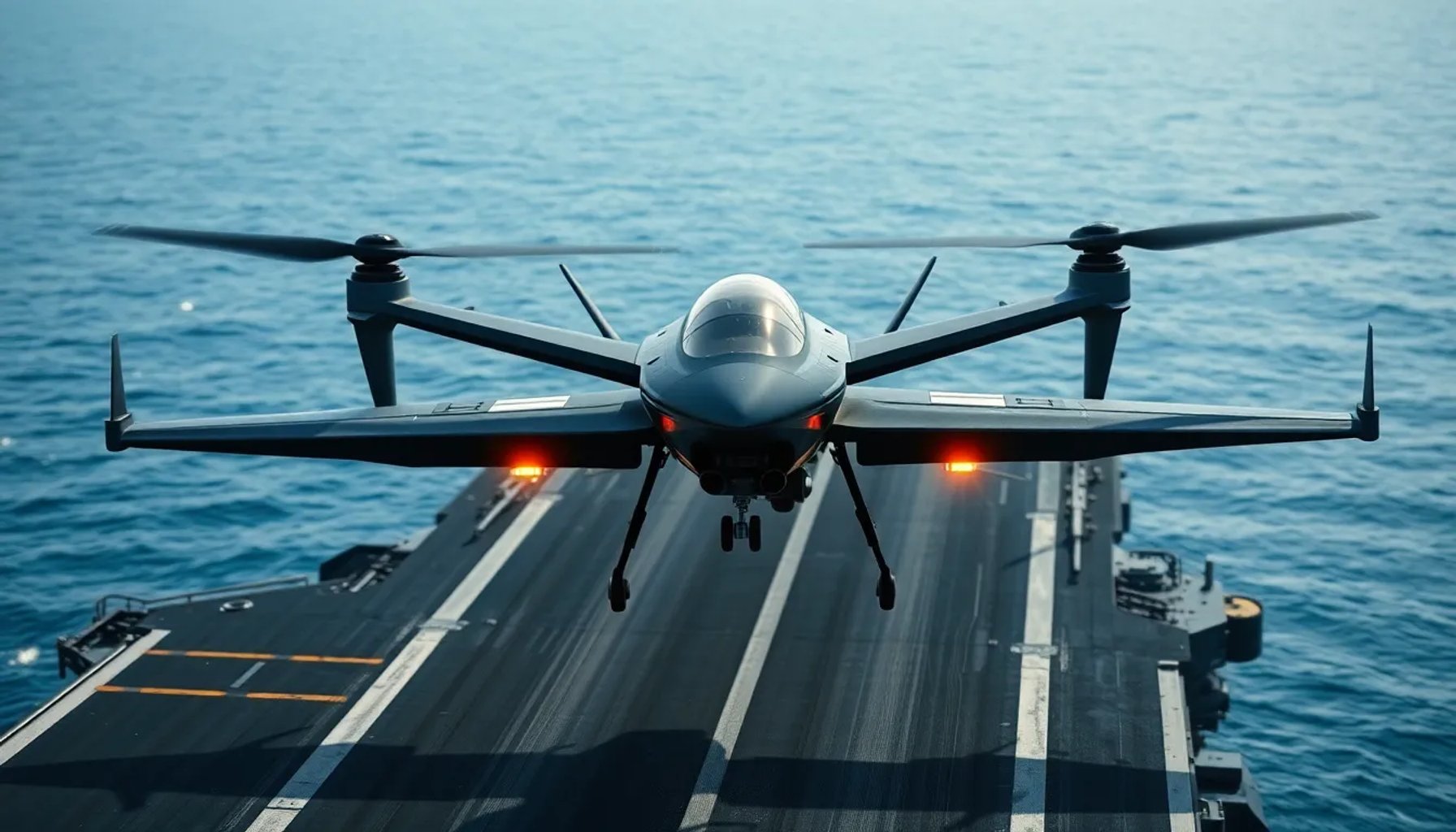 Ilustración de un dron de combate despega desde la cubierta de un portaaviones francés en alta mar