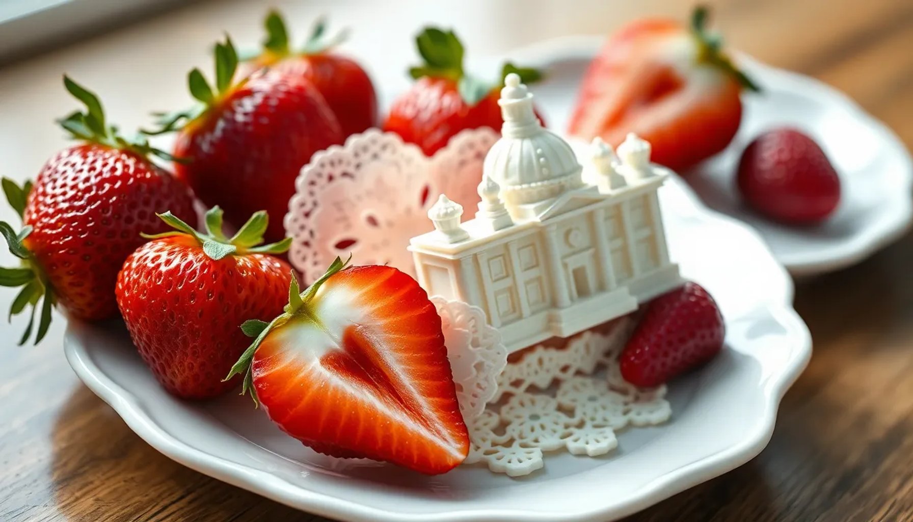 Postre conmemorativo con fresa de Aranjuez, escudo vaticano y detalle de artesanía madrileña sobre plato blanco