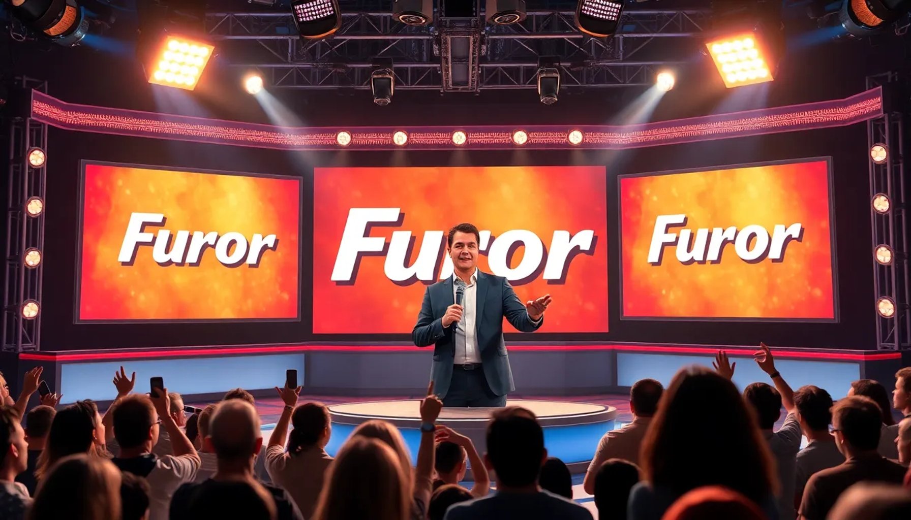 Alonso Caparrós en el escenario del nuevo espectáculo 'Furor' rodeado de concursantes y luces