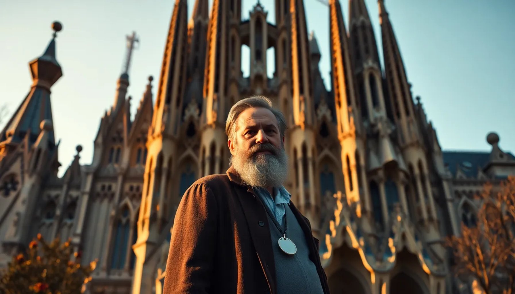 Antoni Gaudí contemplando la Sagrada Familia bajo la luz del atardecer, símbolo de su visión lógica y creativa