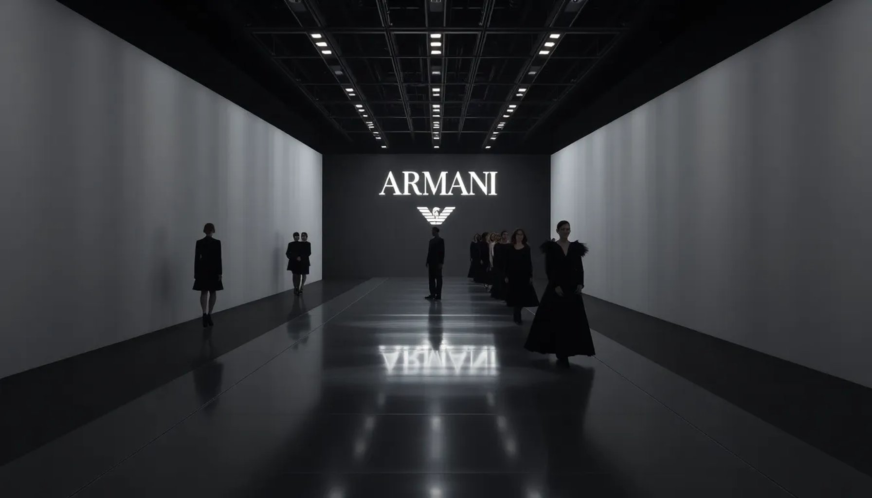 Imagen del icónico logo de Armani y una pasarela elegante que simboliza la herencia del diseñador