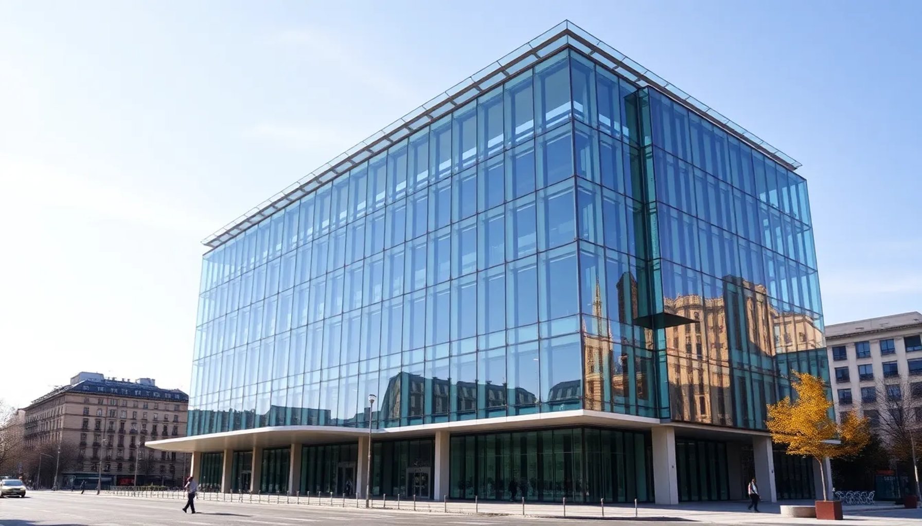 Vista exterior del Palacio de Congresos de Madrid con su fachada moderna y cielo despejado