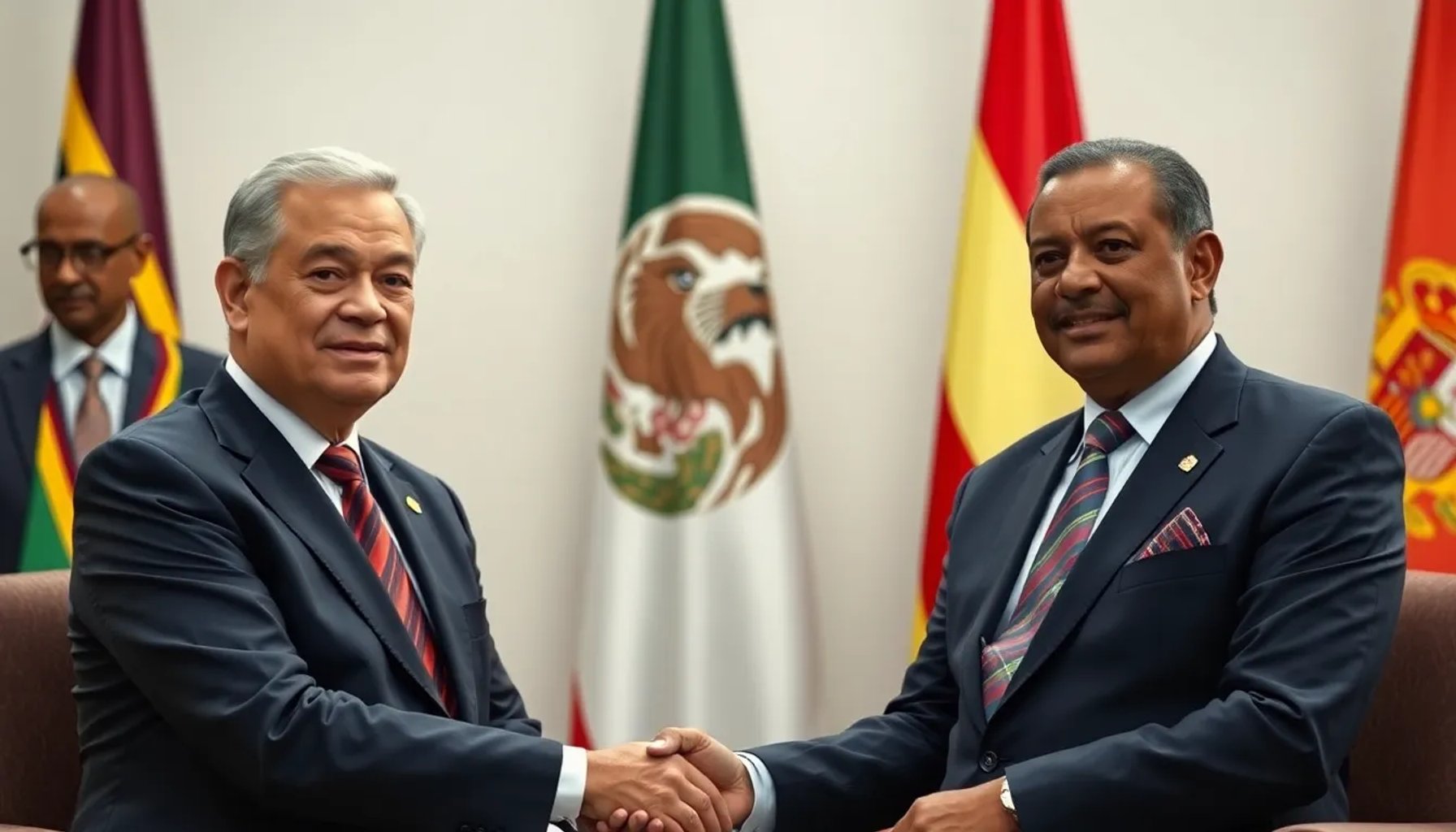 Gómez Bermúdez y el presidente Obiang en una reunión institucional, con banderas de Guinea Ecuatorial y España de fondo
