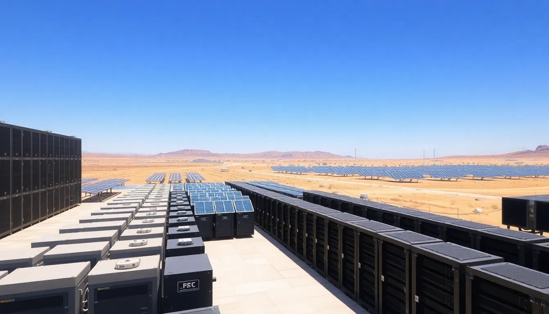 Vista aérea de un centro de datos moderno con filas de servidores y torres de refrigeración bajo un cielo despejado