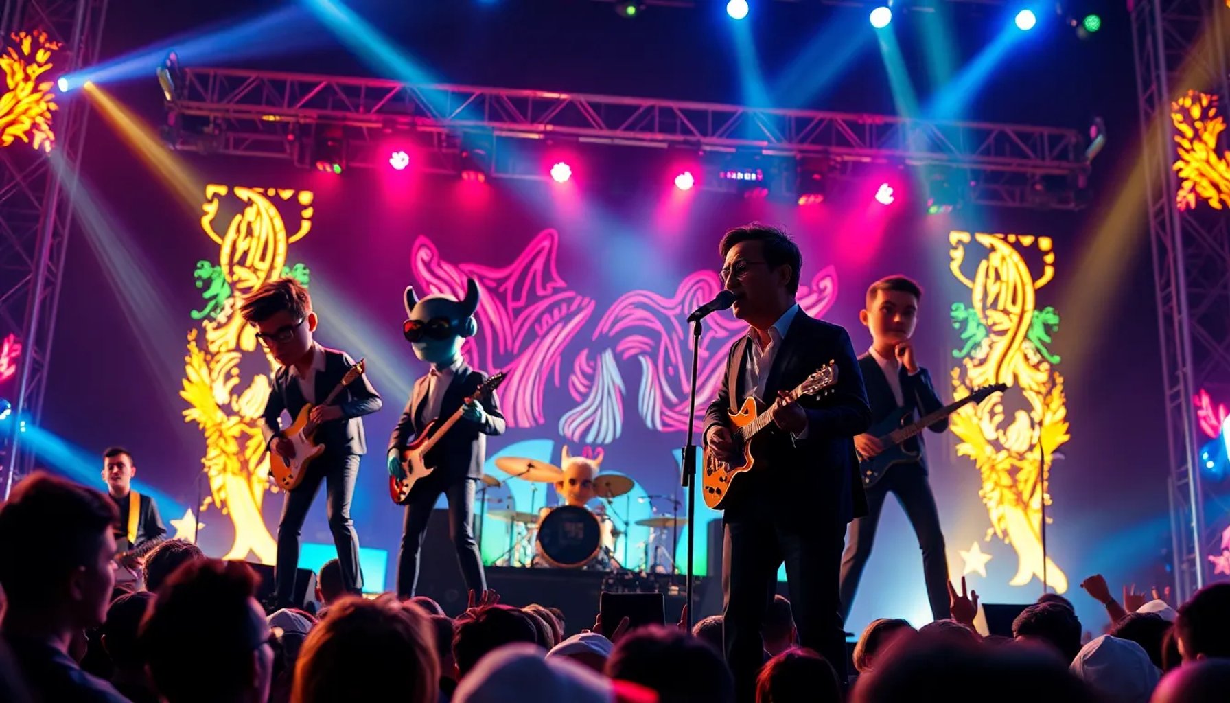 Gorillaz en el escenario del Primavera Sound con luces y Pedro Sánchez entre la audiencia