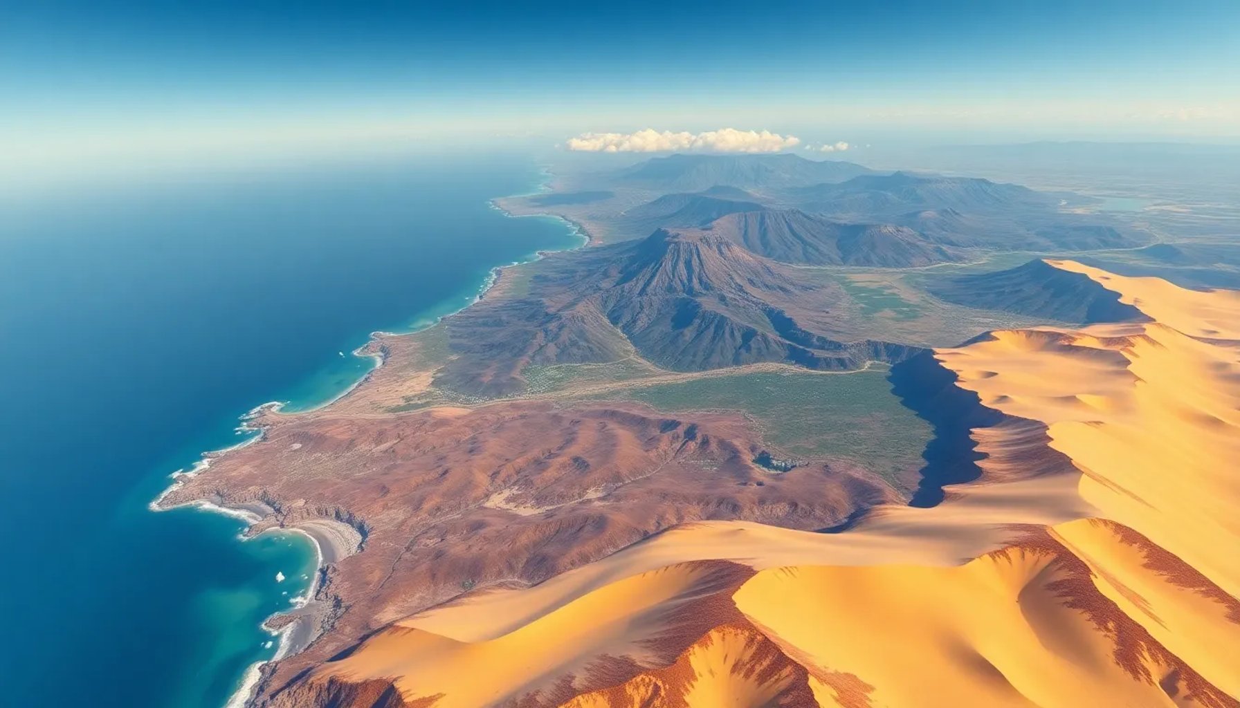 Vista panorámica de Gran Canaria con dunas, montañas y océano bajo un cielo azul