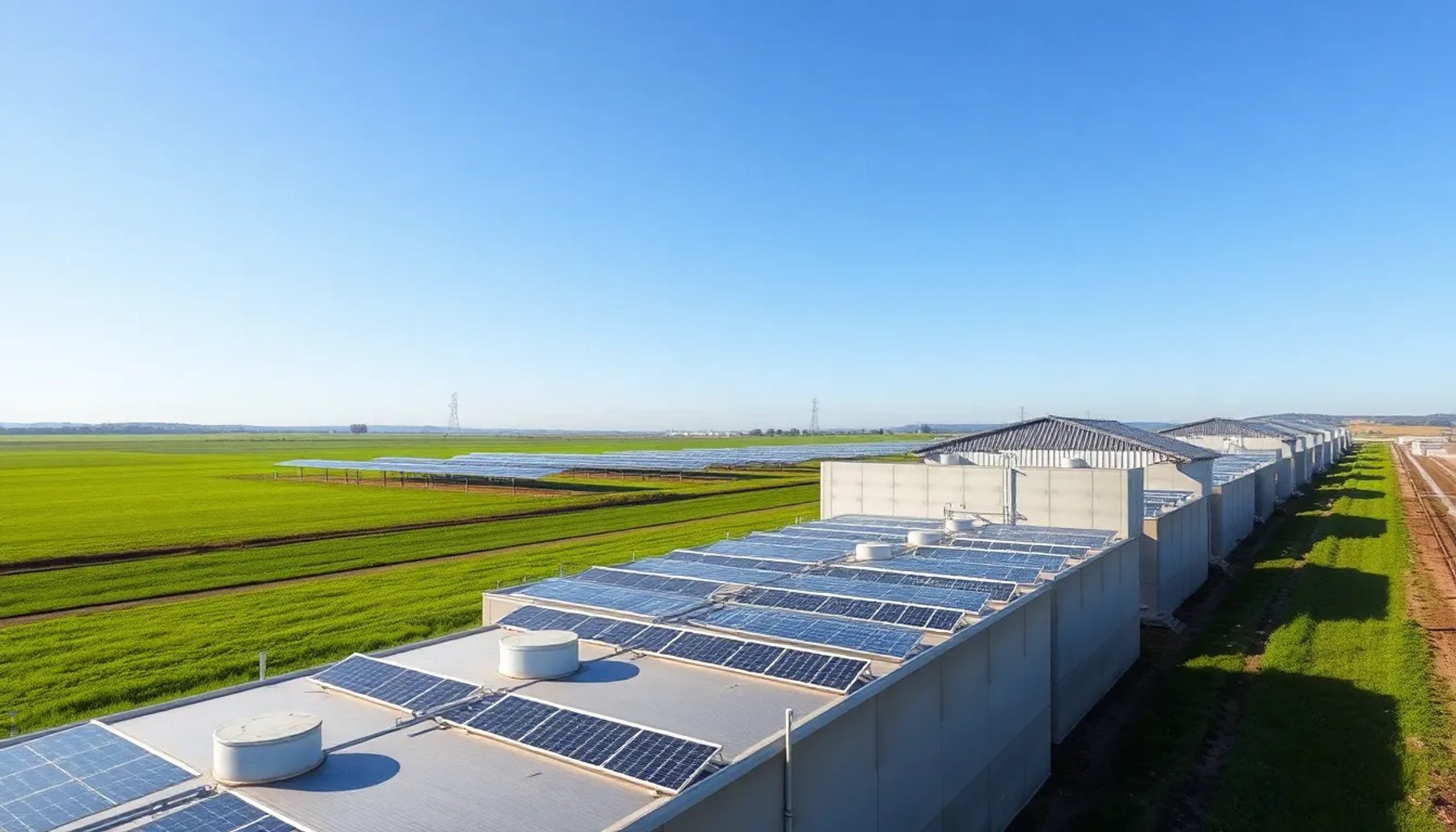 Paneles solares instalados sobre tanques de purines en una granja aragonesa, bajo un cielo azul