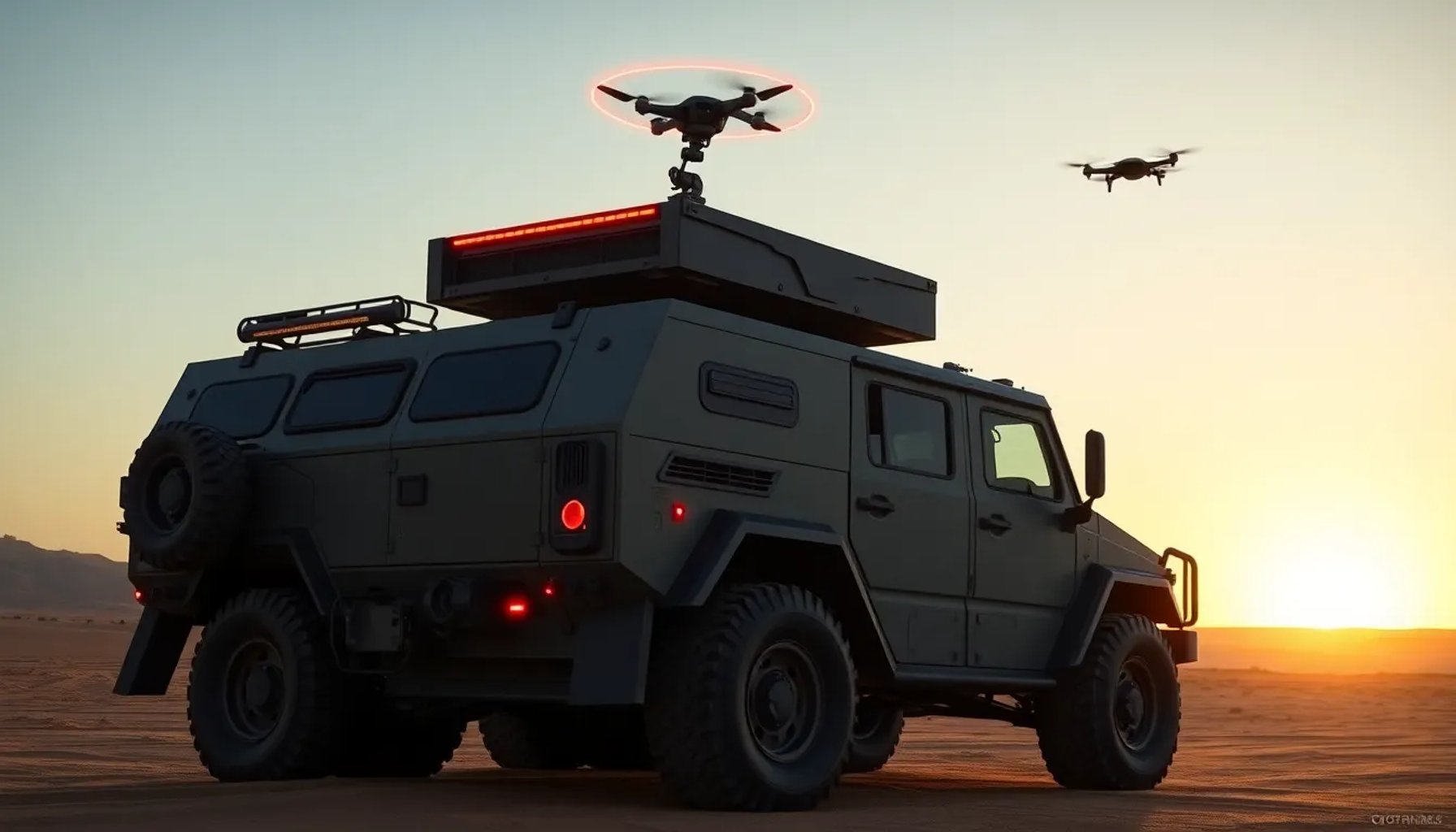 Sensor infrarrojo montado en la torreta de un vehículo blindado 8x8 detectando un dron en vuelo