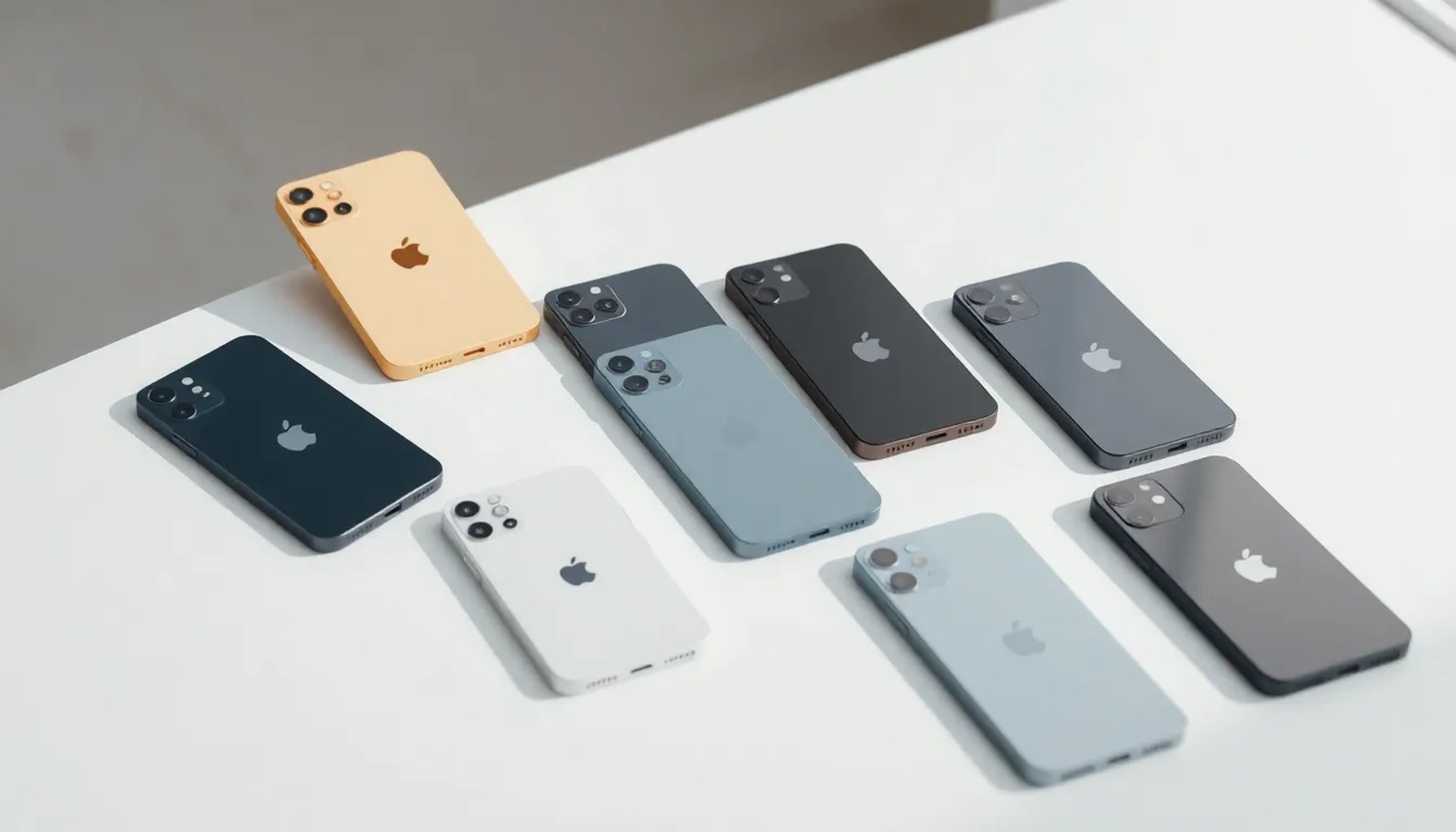 Variedad de iPhone 2026 alineados sobre una superficie, mostrando diferentes tamaños y colores