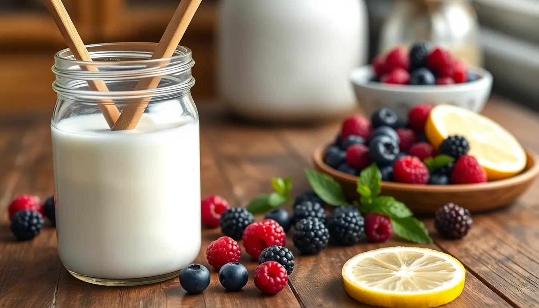 Frasco de kéfir artesanal acompañado de frutas y granola, resaltando su textura cremosa