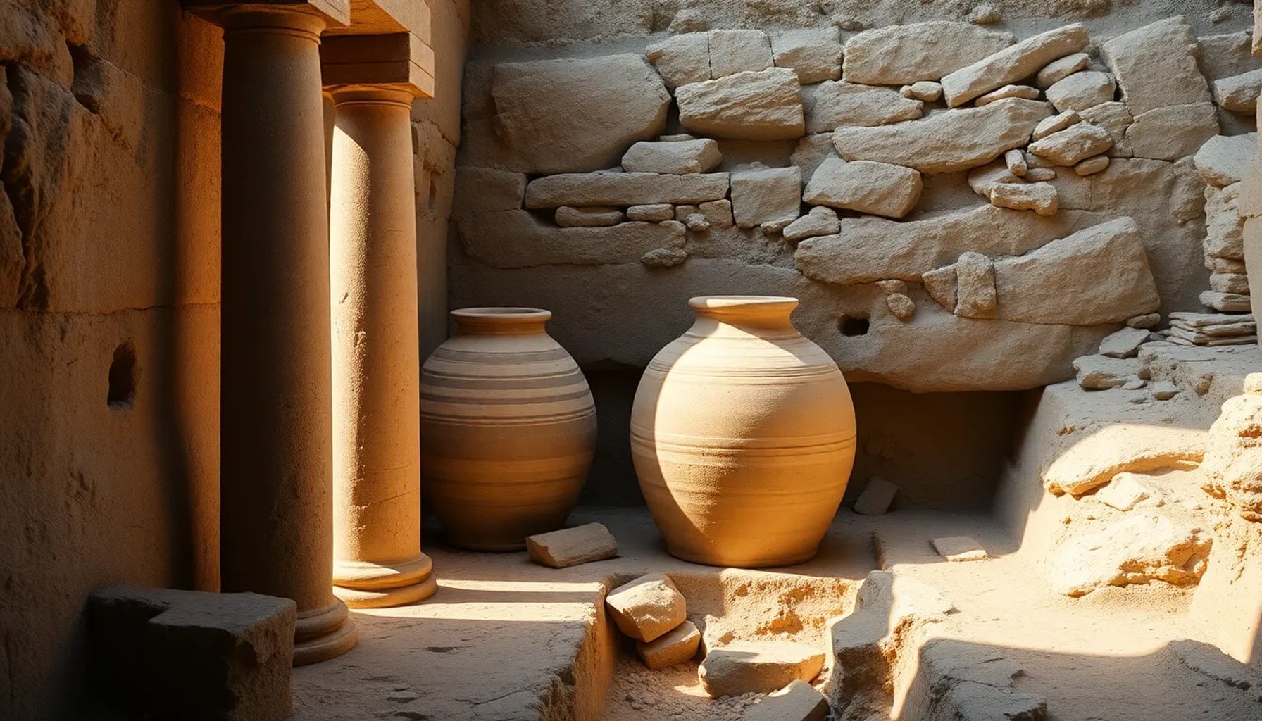 Vista de columnas romanas y visigodas junto a grandes tinajas descubiertas en las obras del Monasterio de San Isidoro, León