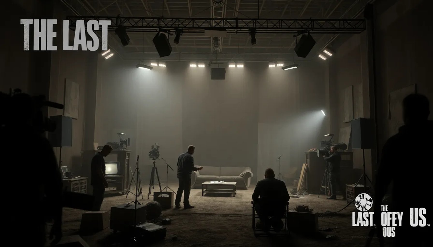 Imagen del set de producción de la serie The Last of Us con luces y decorados apocalípticos