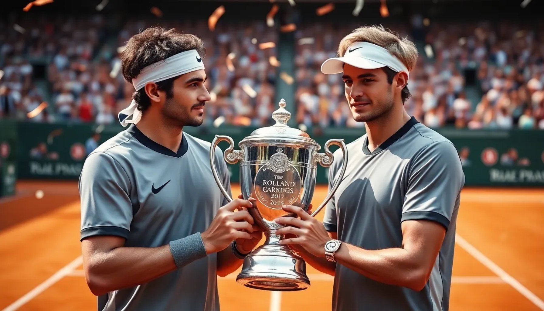 Horacio Zeballos y Marcel Granollers celebrando con el trofeo de dobles de Roland Garros 2026