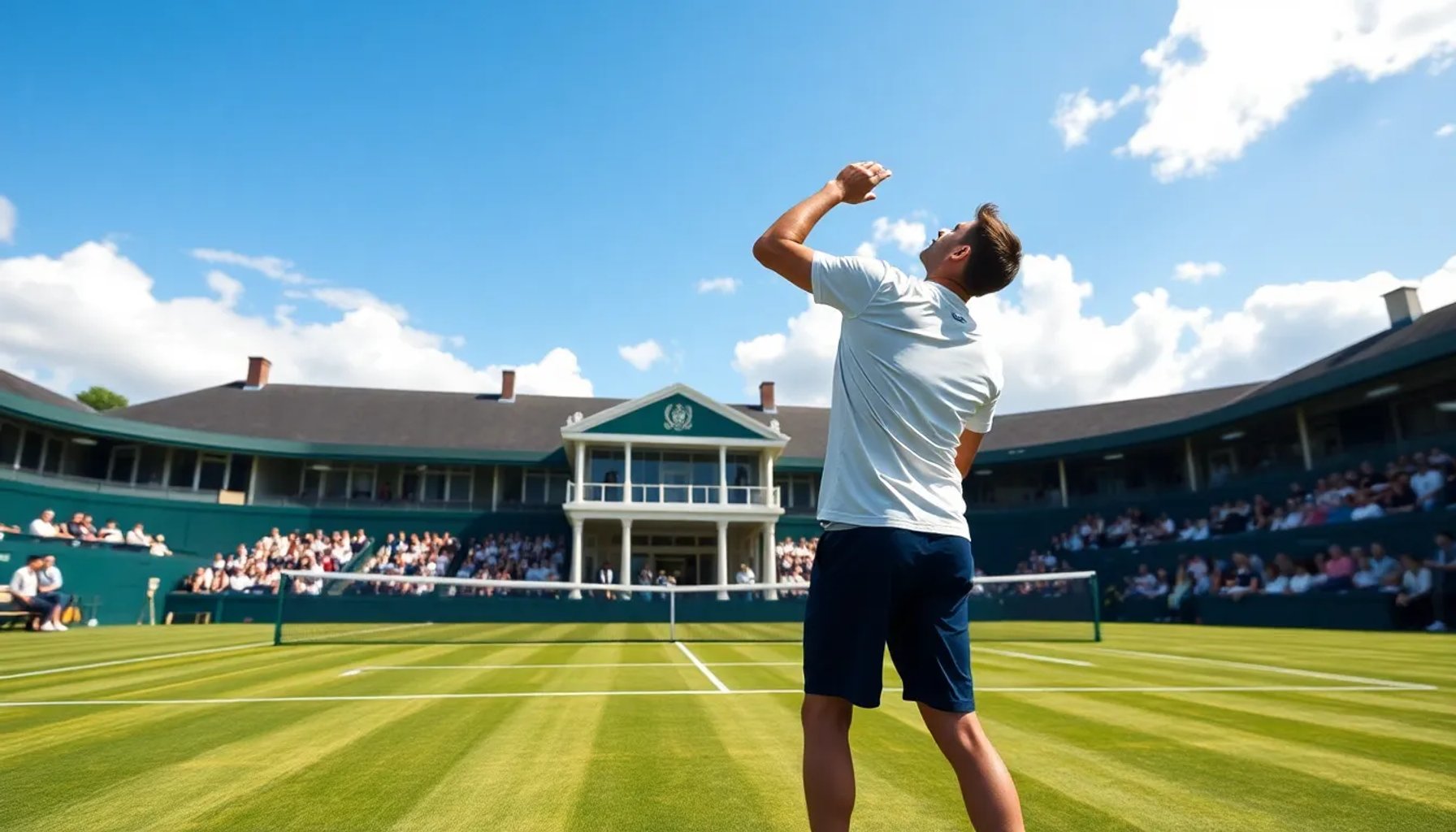Rafael Jódar preparándose para servir en la pista de hierba del Queen's Club bajo un cielo despejado