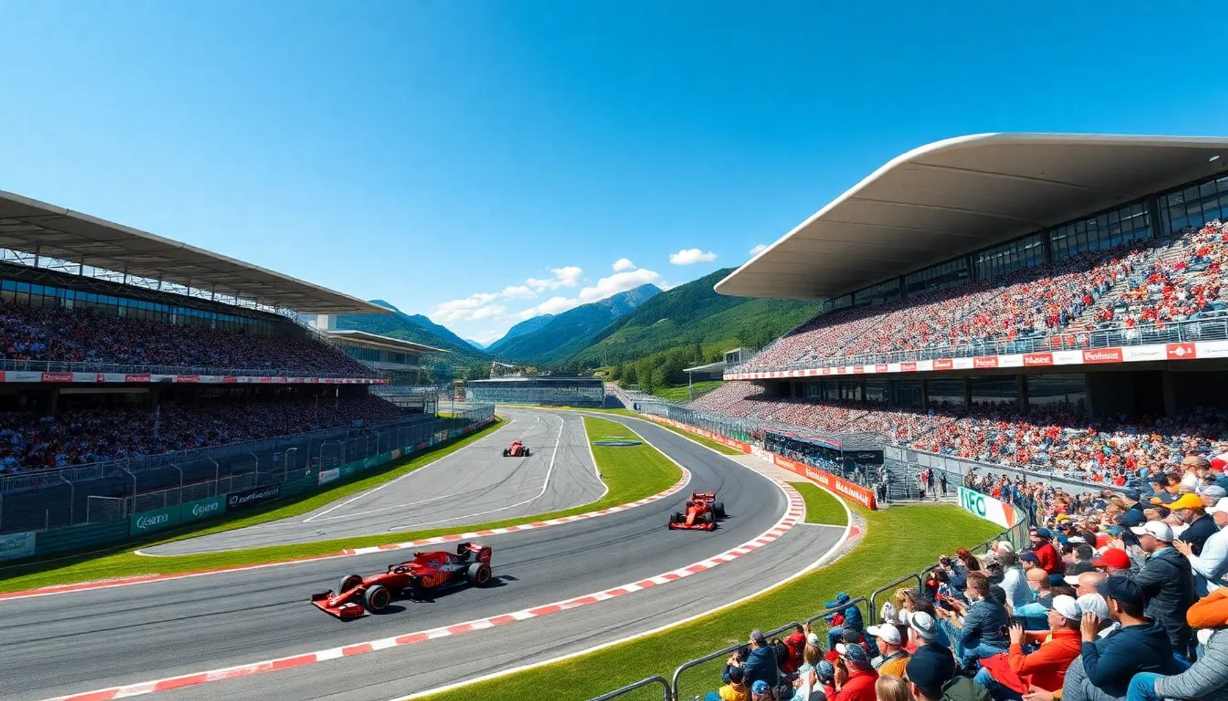 Vista aérea del circuito de Spielberg con los autos de Fórmula 1 alineados en la parrilla para el GP de Austria 2026