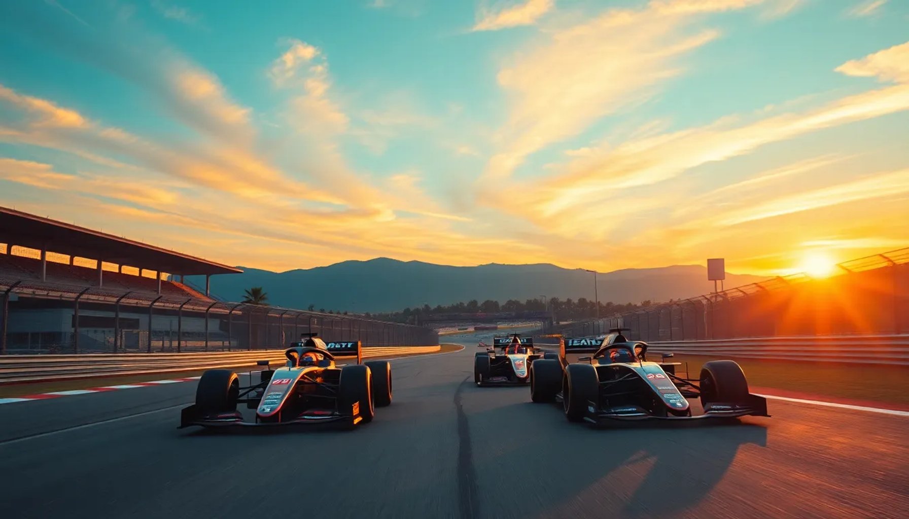 Vista aérea del Circuit de Barcelona-Catalunya iluminado al atardecer, con coches de Fórmula 1 en pista