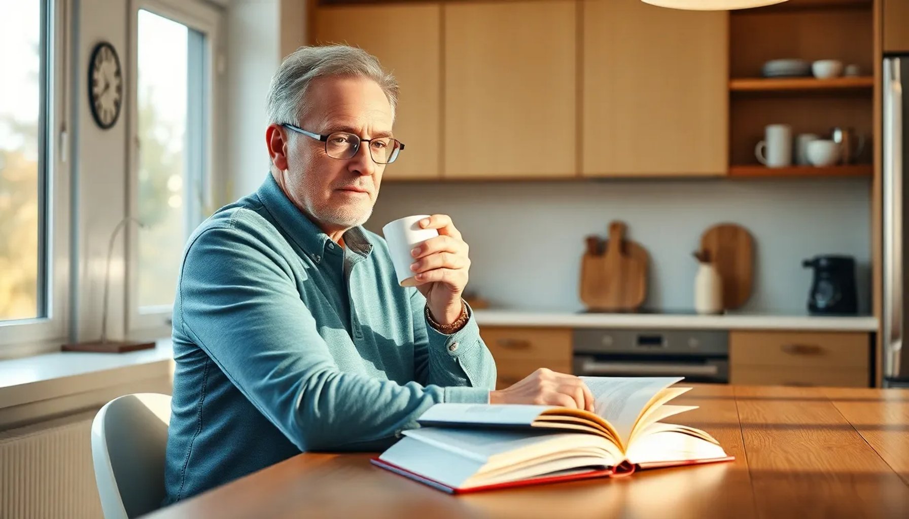 Hugo Silva leyendo un libro mientras toma café en una cocina luminosa