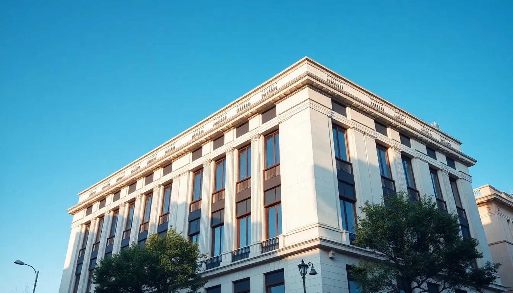 Edificio del Instituto de Crédito Oficial en Madrid con bandera española al fondo