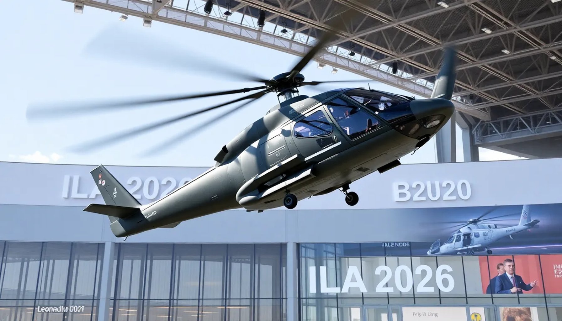 Helicóptero de ataque Leonardo AW249 sobre el pabellón de la ILA 2026 en Berlín