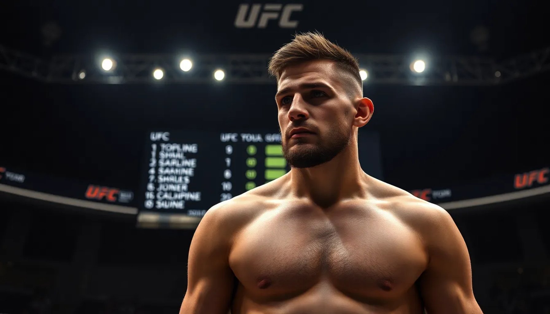 Ilia Topuria en el octágono de la UFC, mirando pensativo tras su derrota, con una tabla de ranking visible al fondo
